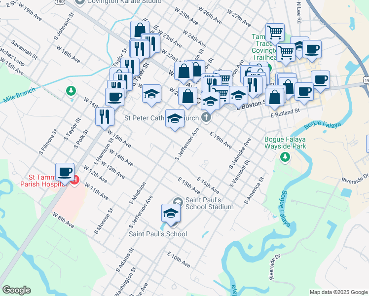 map of restaurants, bars, coffee shops, grocery stores, and more near 402 South Jefferson Avenue in Covington