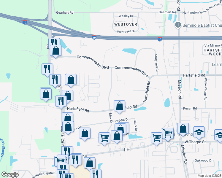 map of restaurants, bars, coffee shops, grocery stores, and more near Commonwealth Business Drive in Tallahassee