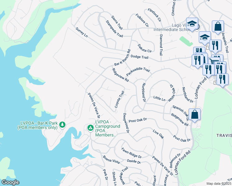 map of restaurants, bars, coffee shops, grocery stores, and more near 21302 Choctaw Cove in Lago Vista