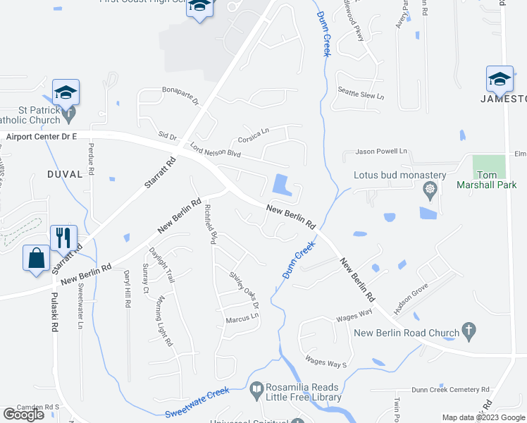 map of restaurants, bars, coffee shops, grocery stores, and more near 12726 Dunns View Drive in Jacksonville