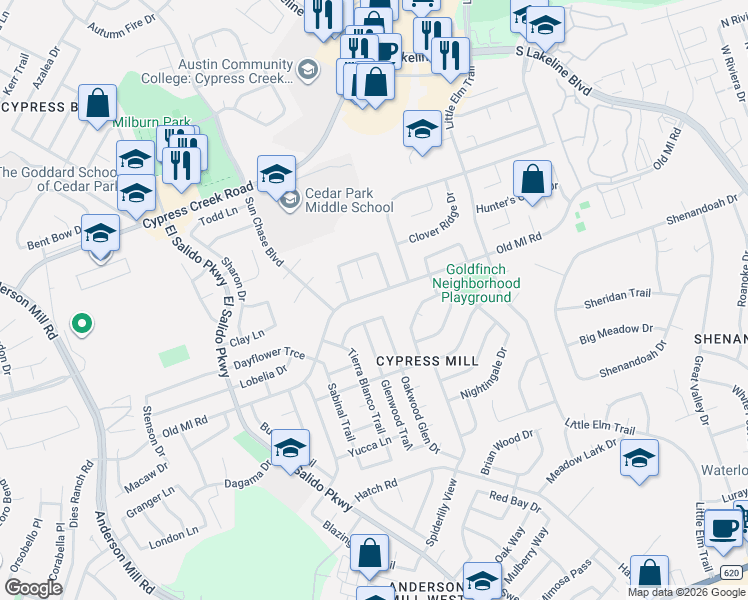map of restaurants, bars, coffee shops, grocery stores, and more near 1500 Old Mill Rd in Cedar Park