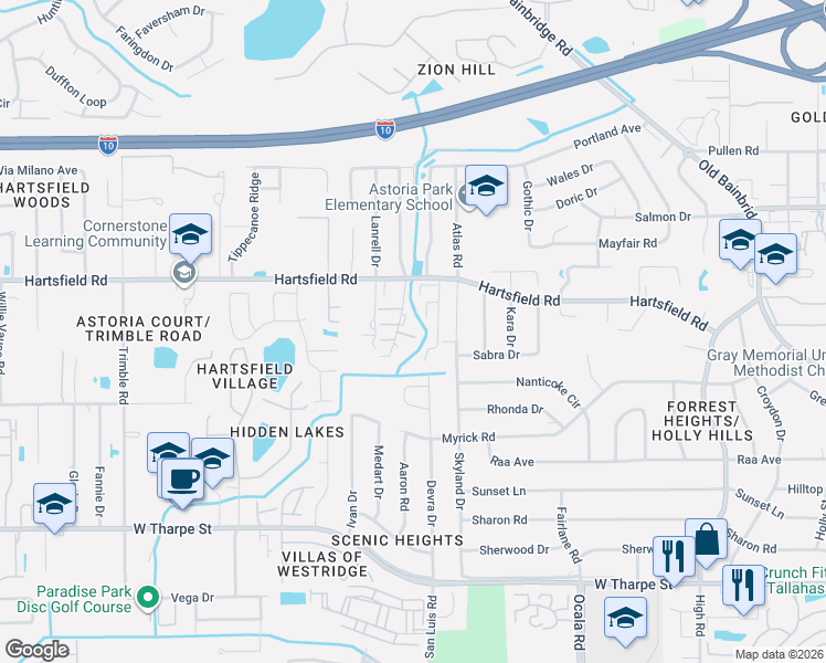 map of restaurants, bars, coffee shops, grocery stores, and more near 2171 Castor Court in Tallahassee