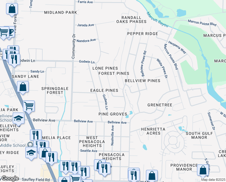 map of restaurants, bars, coffee shops, grocery stores, and more near 6118 Pam Avenue in Pensacola