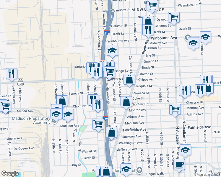 map of restaurants, bars, coffee shops, grocery stores, and more near 2720 Tecumseh Street in Baton Rouge