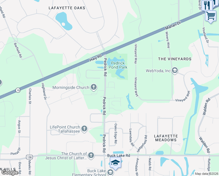 map of restaurants, bars, coffee shops, grocery stores, and more near 1645 Pedrick Road in Tallahassee