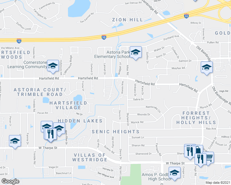 map of restaurants, bars, coffee shops, grocery stores, and more near 2171 Castor Court in Tallahassee