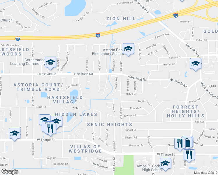 map of restaurants, bars, coffee shops, grocery stores, and more near 2171 Castor Court in Tallahassee
