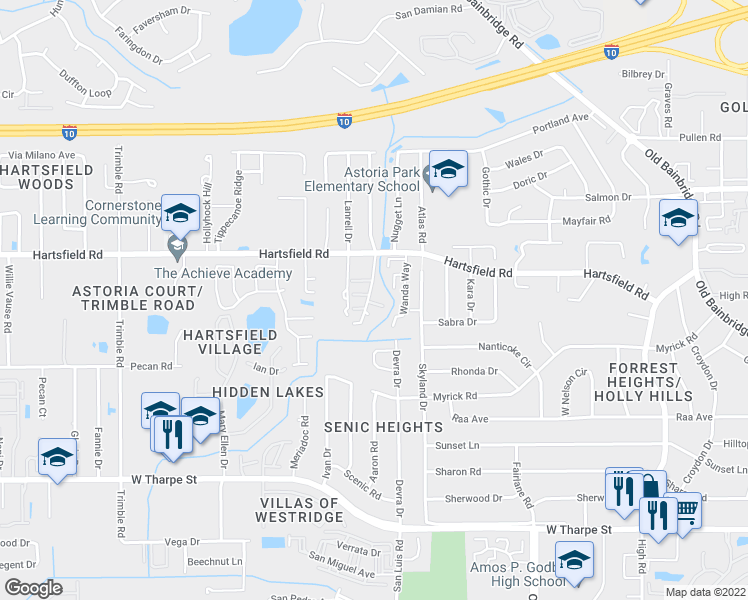 map of restaurants, bars, coffee shops, grocery stores, and more near 2348 Hartsfield Way in Tallahassee