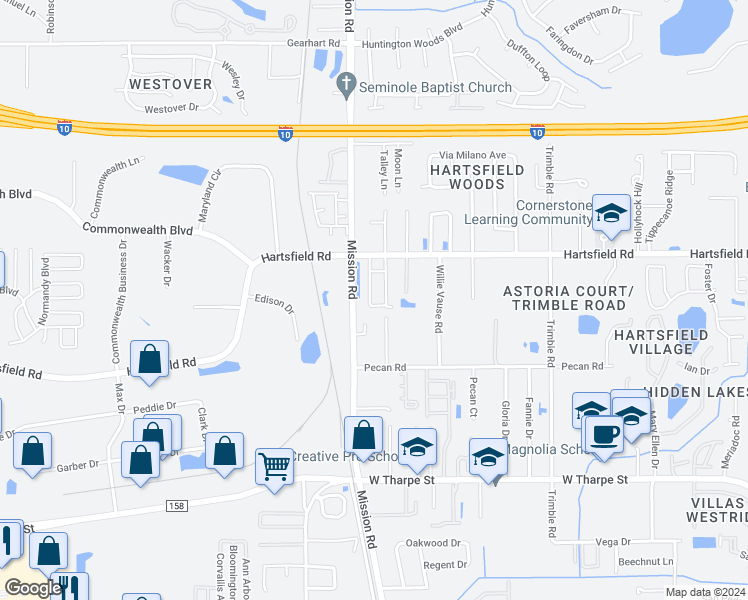 map of restaurants, bars, coffee shops, grocery stores, and more near 2262 Del Carmel Way in Tallahassee