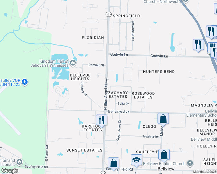 map of restaurants, bars, coffee shops, grocery stores, and more near 6285 North Blue Angel Parkway in Pensacola