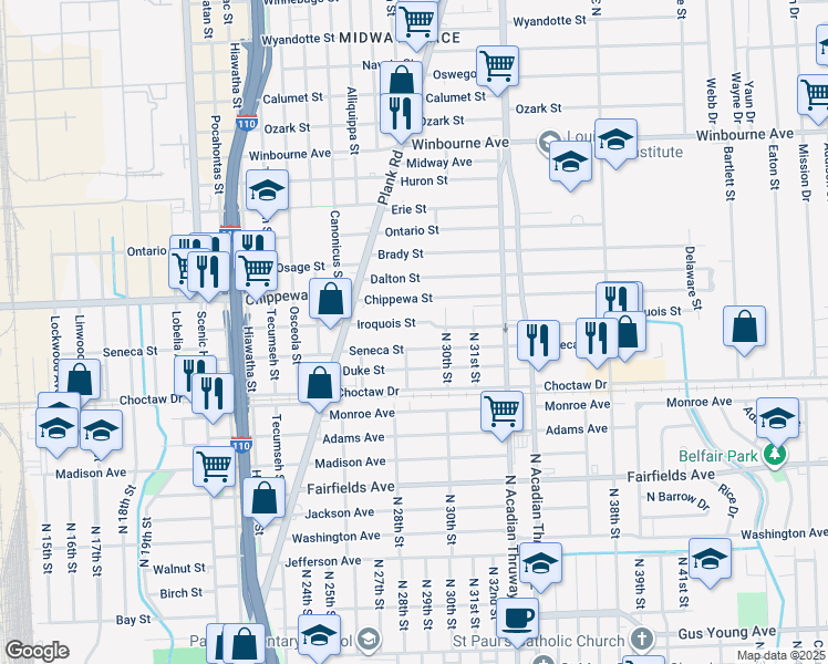 map of restaurants, bars, coffee shops, grocery stores, and more near 2927 Iroquois Street in Baton Rouge