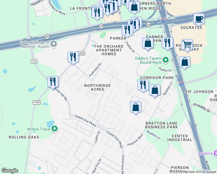 map of restaurants, bars, coffee shops, grocery stores, and more near 4001 Prairie Lane in Austin