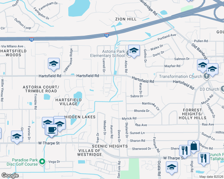 map of restaurants, bars, coffee shops, grocery stores, and more near 2348 Hartsfield Way in Tallahassee