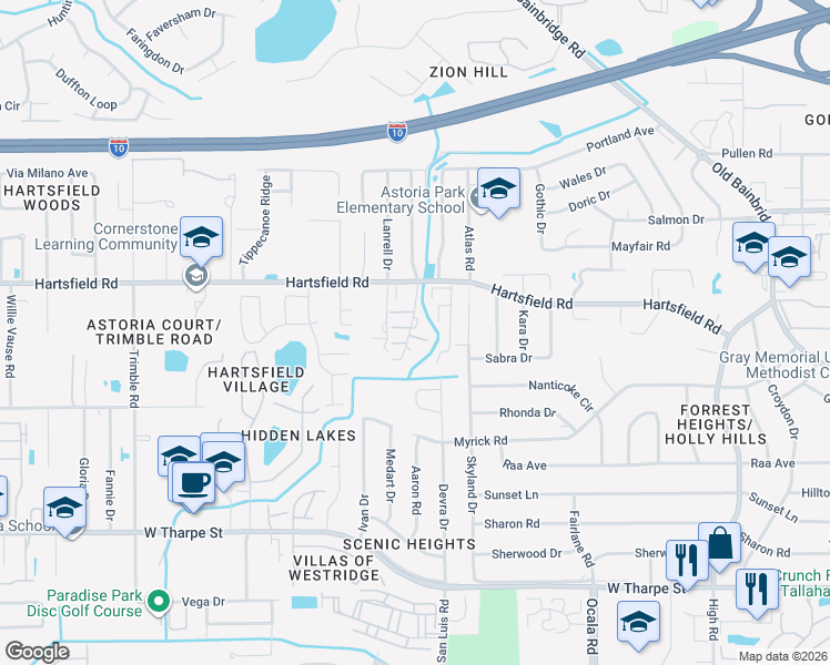 map of restaurants, bars, coffee shops, grocery stores, and more near 2321 Hartsfield Way in Tallahassee
