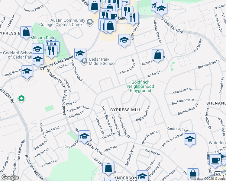 map of restaurants, bars, coffee shops, grocery stores, and more near 1405 Old Mill Road in Cedar Park