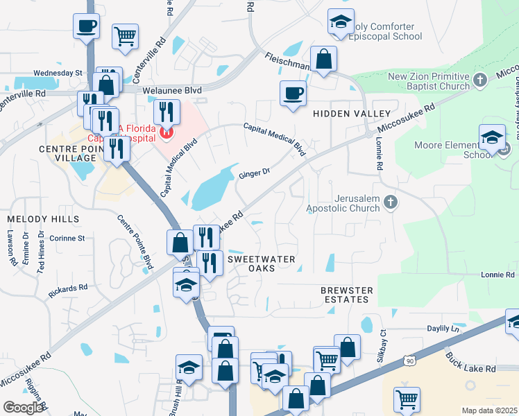 map of restaurants, bars, coffee shops, grocery stores, and more near 2990 Nutmeg Court in Tallahassee