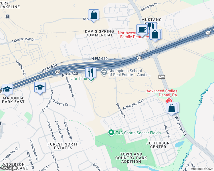 map of restaurants, bars, coffee shops, grocery stores, and more near 13640 Briarwick Drive in Austin