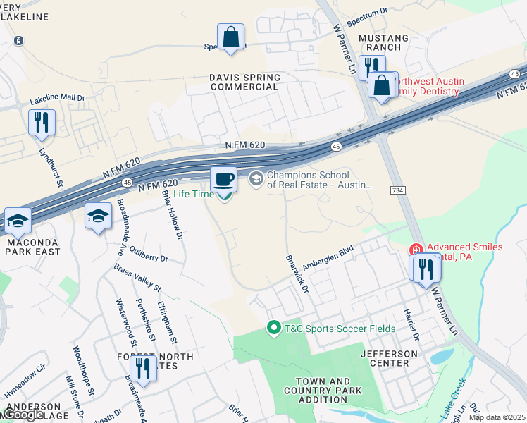 map of restaurants, bars, coffee shops, grocery stores, and more near 13640 Briarwick Drive in Austin