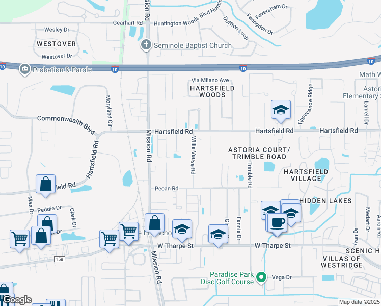 map of restaurants, bars, coffee shops, grocery stores, and more near 2208 Willie Vause Road in Tallahassee
