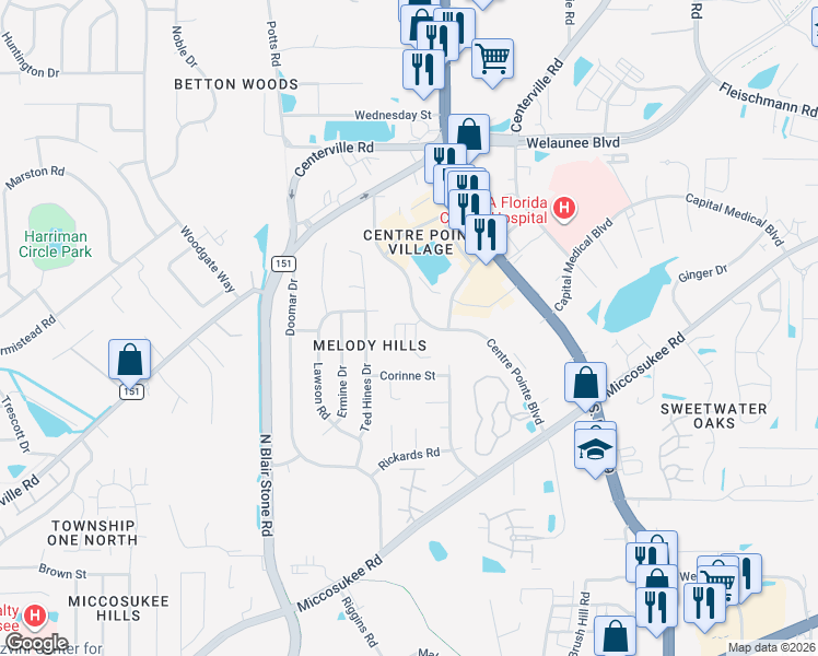 map of restaurants, bars, coffee shops, grocery stores, and more near 1909 Mallory Square in Tallahassee