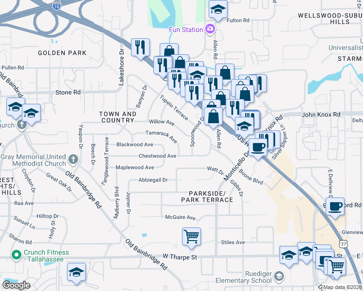 map of restaurants, bars, coffee shops, grocery stores, and more near 847 Willow Avenue in Tallahassee