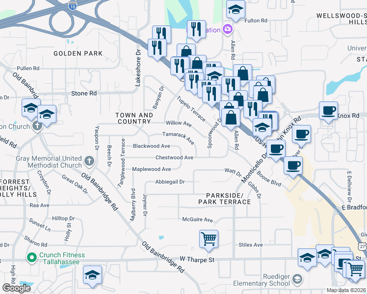map of restaurants, bars, coffee shops, grocery stores, and more near 891 Tamarack Avenue in Tallahassee