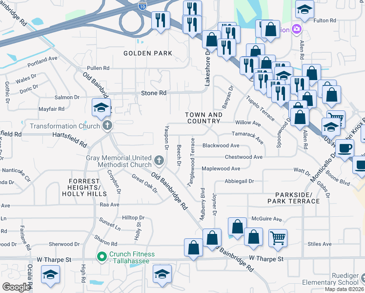 map of restaurants, bars, coffee shops, grocery stores, and more near 2226 Tanglewood Terrace in Tallahassee