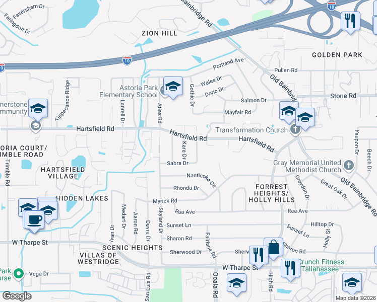 map of restaurants, bars, coffee shops, grocery stores, and more near 2324 Kara Drive in Tallahassee
