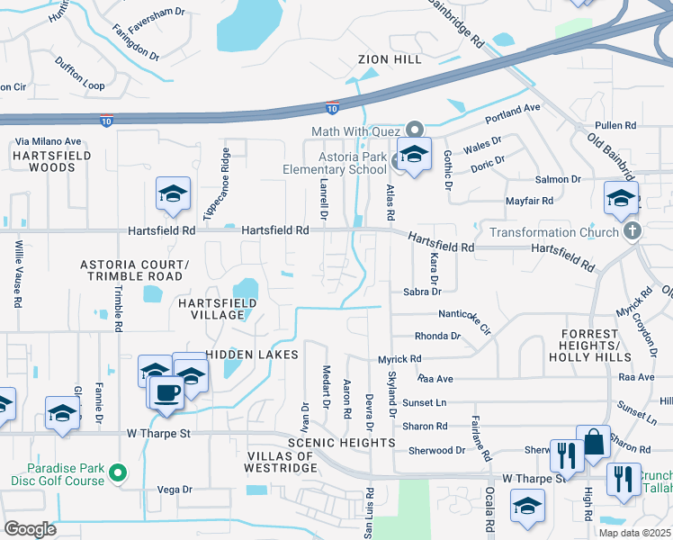 map of restaurants, bars, coffee shops, grocery stores, and more near 2348 Hartsfield Way in Tallahassee