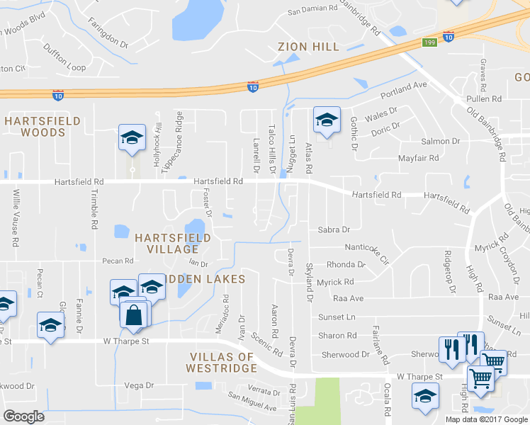 map of restaurants, bars, coffee shops, grocery stores, and more near 2348 Hartsfield Way in Tallahassee