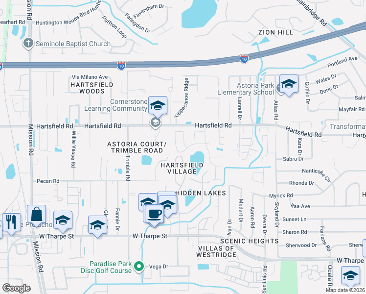 map of restaurants, bars, coffee shops, grocery stores, and more near 2284 Nannas Loop in Tallahassee