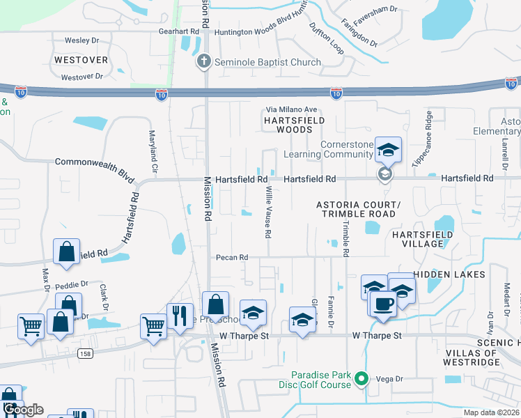 map of restaurants, bars, coffee shops, grocery stores, and more near 2208-2212 Willie Vause Road in Tallahassee