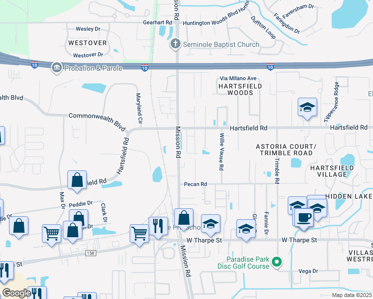 map of restaurants, bars, coffee shops, grocery stores, and more near 2262 Del Carmel Way in Tallahassee