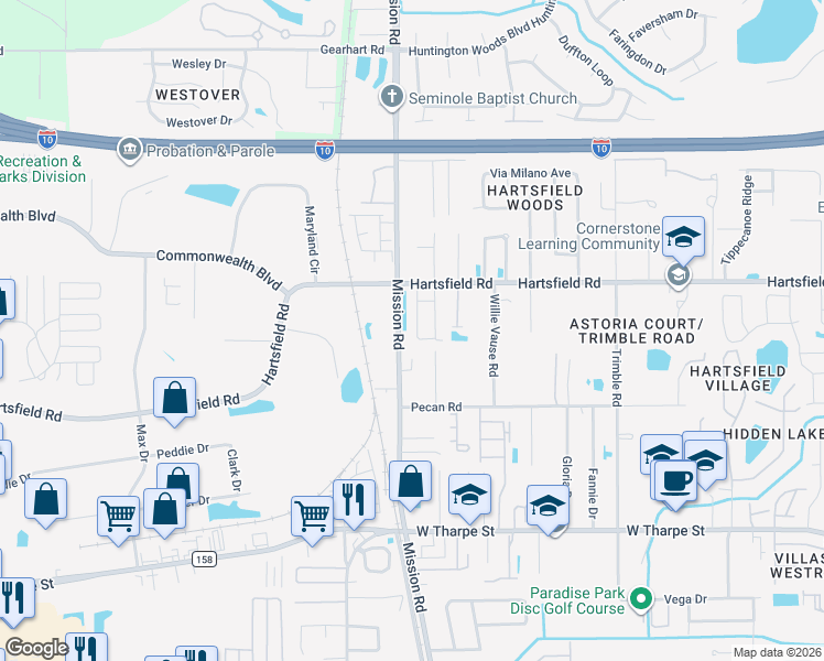 map of restaurants, bars, coffee shops, grocery stores, and more near 2262 Del Carmel Way in Tallahassee