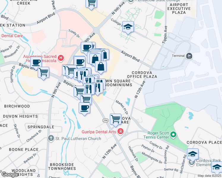 map of restaurants, bars, coffee shops, grocery stores, and more near 5051 Grande Drive in Pensacola