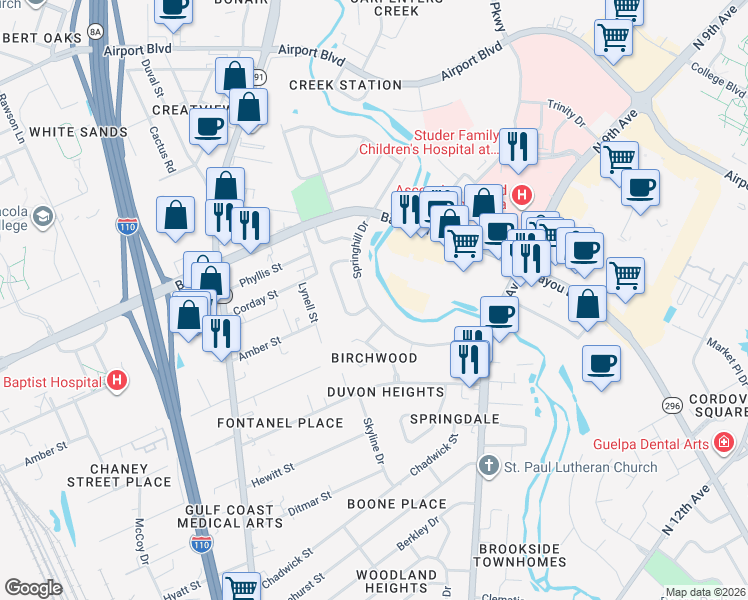 map of restaurants, bars, coffee shops, grocery stores, and more near 5086 Springhill Drive in Pensacola