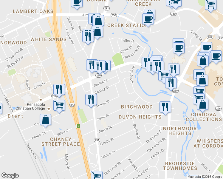 map of restaurants, bars, coffee shops, grocery stores, and more near 533b Corday Street in Pensacola