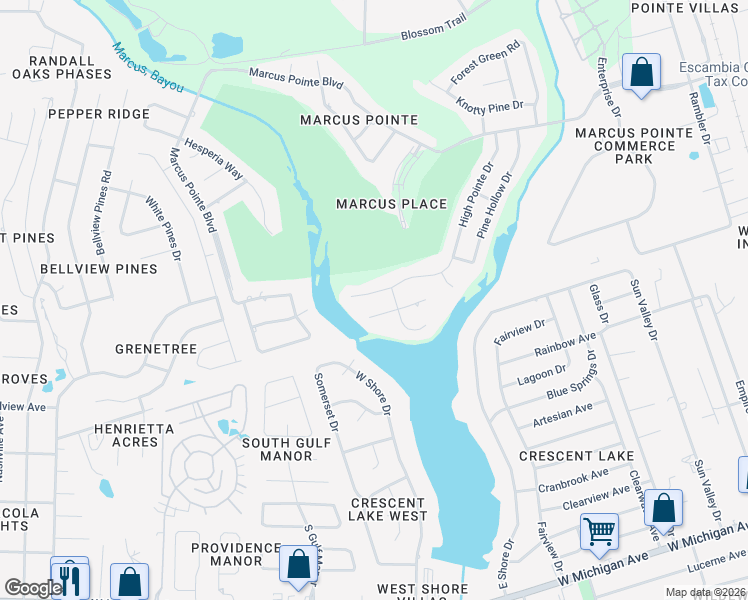 map of restaurants, bars, coffee shops, grocery stores, and more near 5026 High Pointe Drive in Pensacola