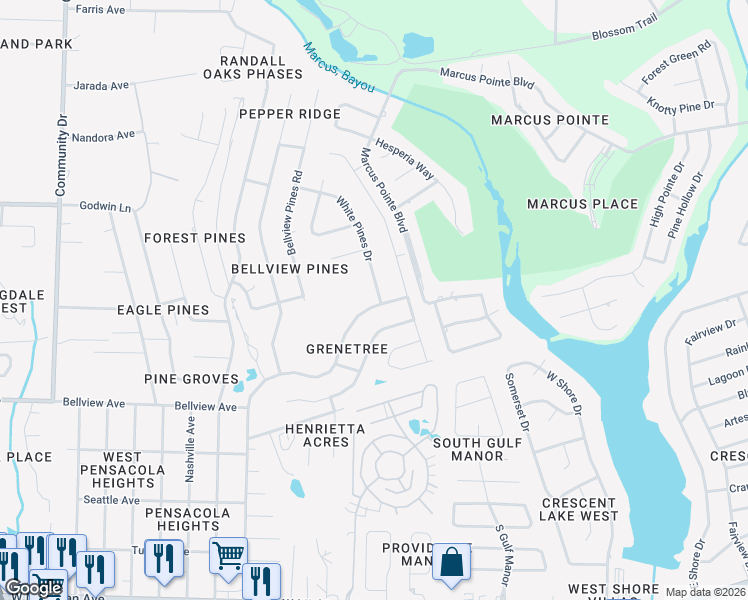 map of restaurants, bars, coffee shops, grocery stores, and more near 2149 White Pines Drive in Pensacola