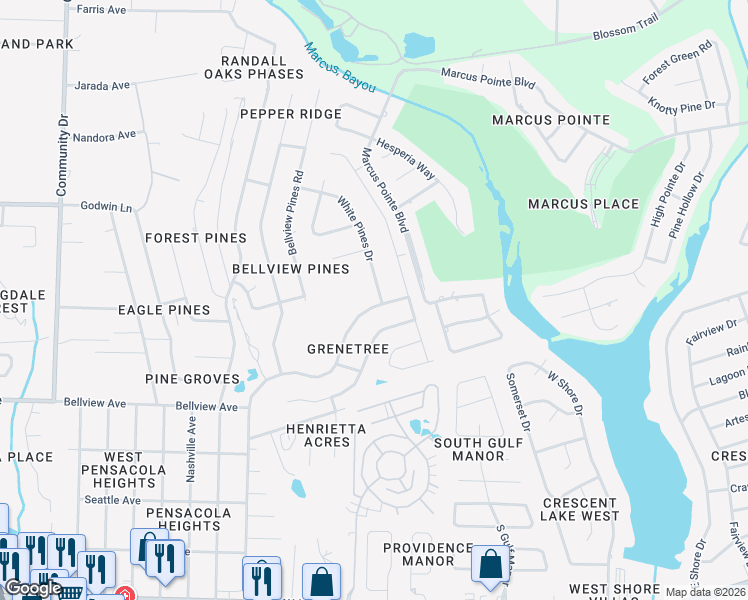 map of restaurants, bars, coffee shops, grocery stores, and more near 2149 White Pines Drive in Pensacola