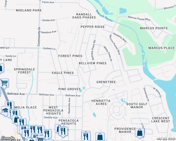 map of restaurants, bars, coffee shops, grocery stores, and more near 6507 Bellview Pines Place in Pensacola