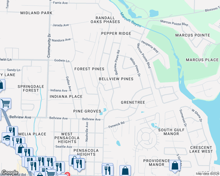 map of restaurants, bars, coffee shops, grocery stores, and more near 6507 Bellview Pines Place in Pensacola