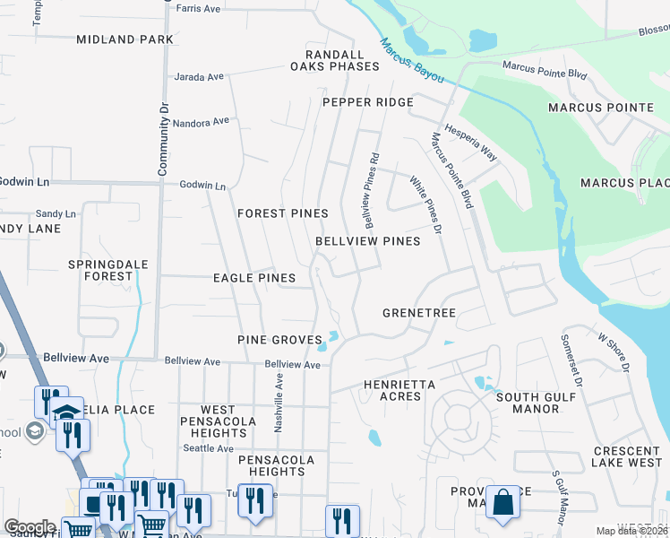 map of restaurants, bars, coffee shops, grocery stores, and more near 6507 Bellview Pines Place in Pensacola