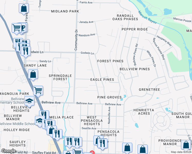map of restaurants, bars, coffee shops, grocery stores, and more near 6516 Dallas Avenue in Pensacola