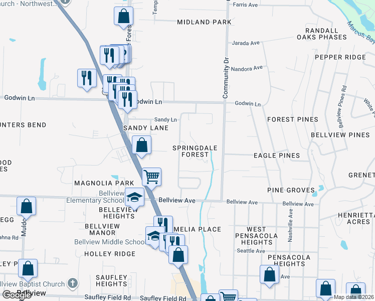 map of restaurants, bars, coffee shops, grocery stores, and more near 1516 Galvin Avenue in Pensacola