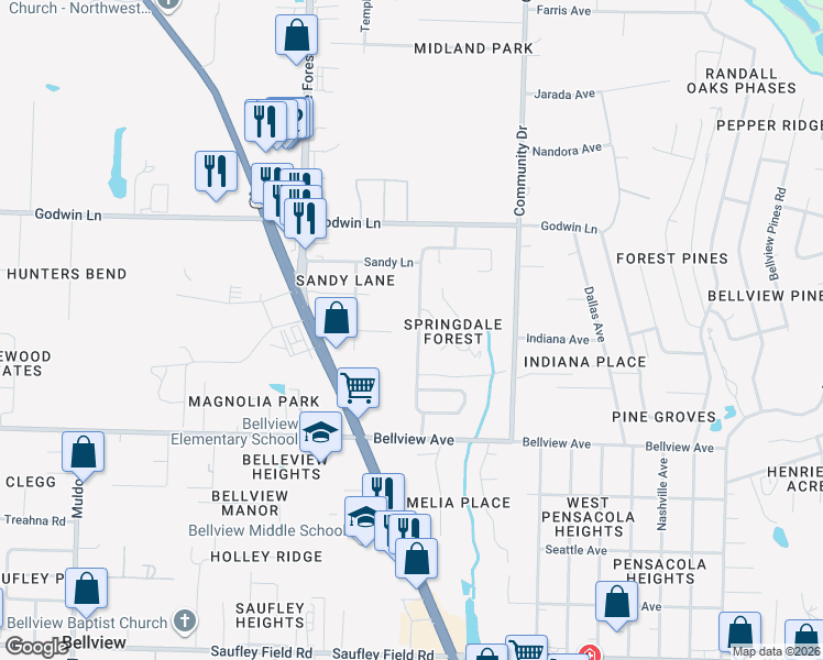 map of restaurants, bars, coffee shops, grocery stores, and more near 1067 Simpson Street in Pensacola
