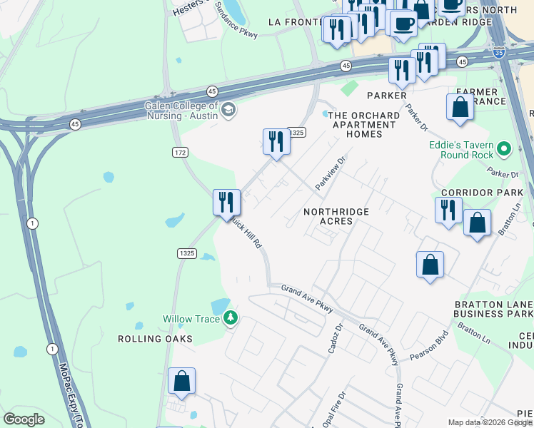 map of restaurants, bars, coffee shops, grocery stores, and more near 16206 Hillside Drive in Austin