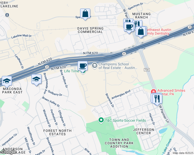 map of restaurants, bars, coffee shops, grocery stores, and more near 13640 Briarwick Drive in Austin