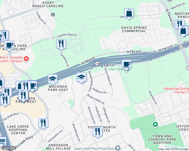 map of restaurants, bars, coffee shops, grocery stores, and more near 9802 Queensland Drive in Austin