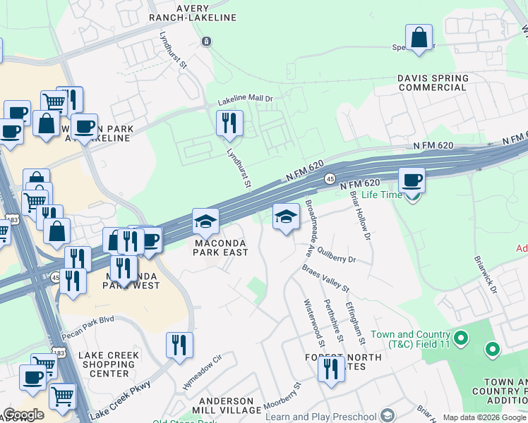 map of restaurants, bars, coffee shops, grocery stores, and more near 13505 B Ranch Road 620 North in Austin